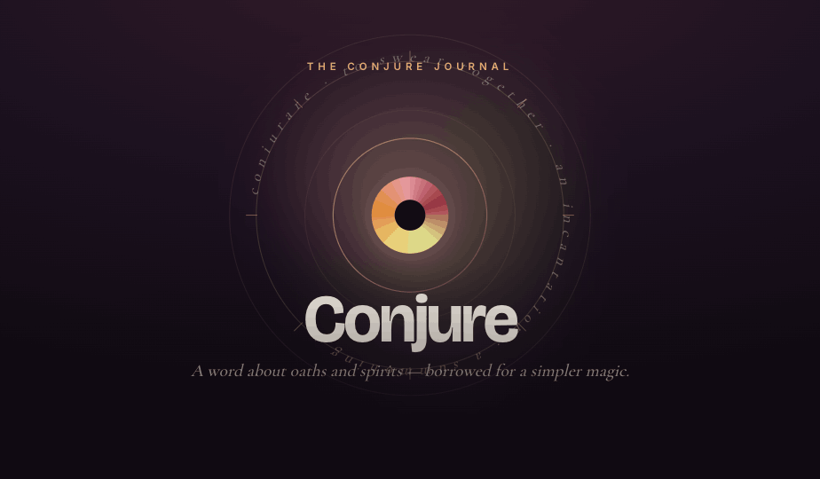The Conjure aperture mark at the centre of a summoning circle inscribed with the Latin roots of the word conjure